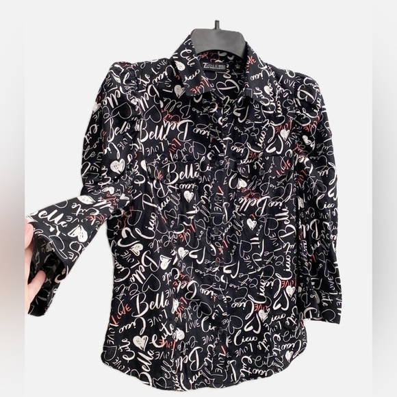 Graffiti Words Top Blouse Ciao Bella Pink Black Hearts Puffed Sleeves - Picture 5 of 9